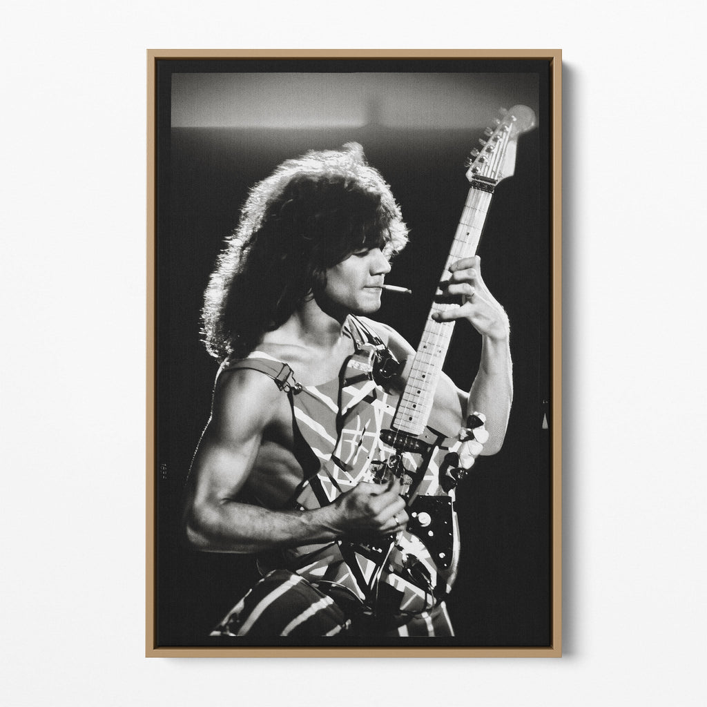 Front display of the Eddie Van Halen black and white canvas in a premium natural wood floating frame.