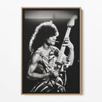 Front display of the Eddie Van Halen black and white canvas in a premium natural wood floating frame.