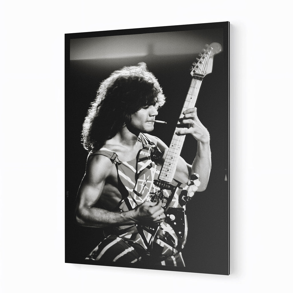 Premium black and white metal print of Eddie Van Halen 1982 Diver Down on an industrial-grade aluminum panel.