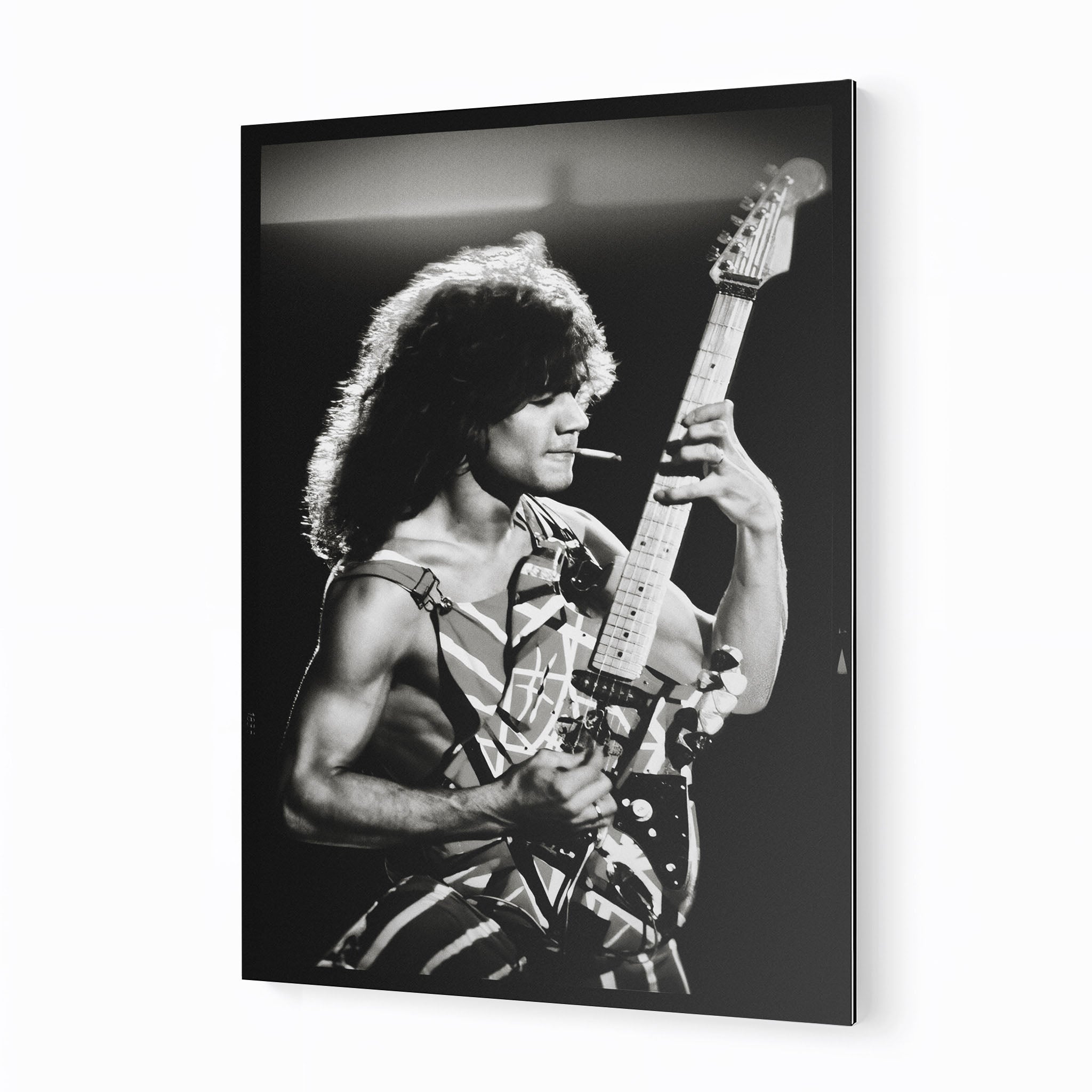 Premium black and white metal print of Eddie Van Halen 1982 Diver Down on an industrial-grade aluminum panel.