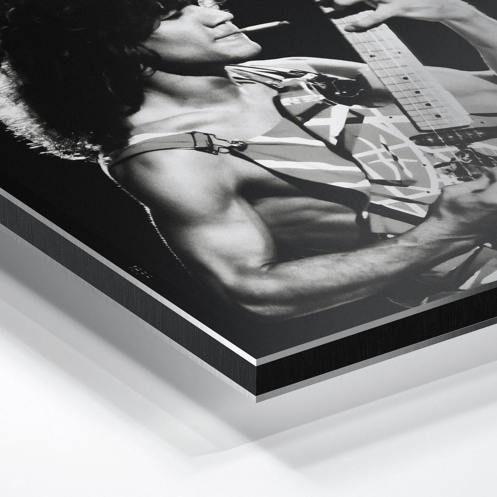 Macro close-up of the ultra-thin aluminum DIBOND panel edge of the Eddie Van Halen metal print.