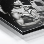 Macro close-up of the ultra-thin aluminum DIBOND panel edge of the Eddie Van Halen metal print.