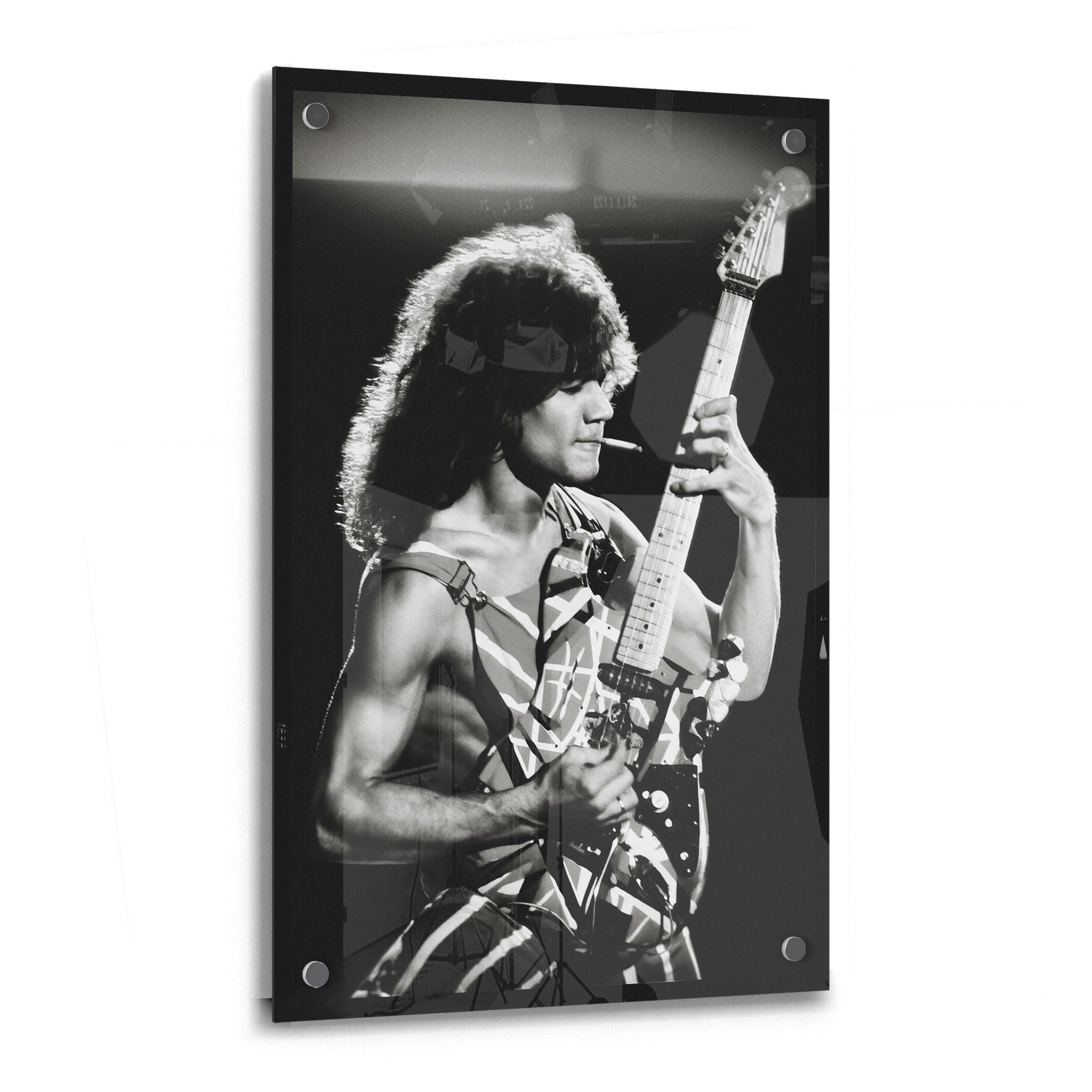 Crystal-clear acrylic glass black and white art print of Eddie Van Halen 1982 with polished edges.