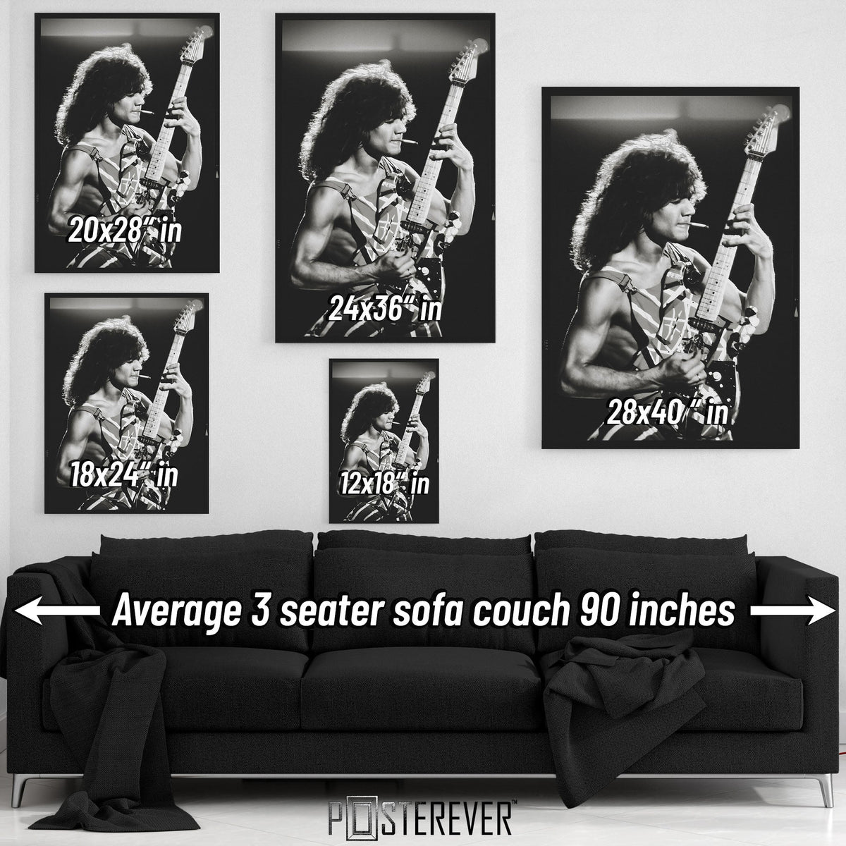 Eddie Van Halen 'The Definitive Look' 1982 Diver Down Tour – Black & White Edition | Frankenstrat Wall Art Print — size guide