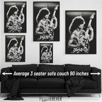 Eddie Van Halen black and white wall art size comparison chart shown above an average 90-inch three-seater sofa.