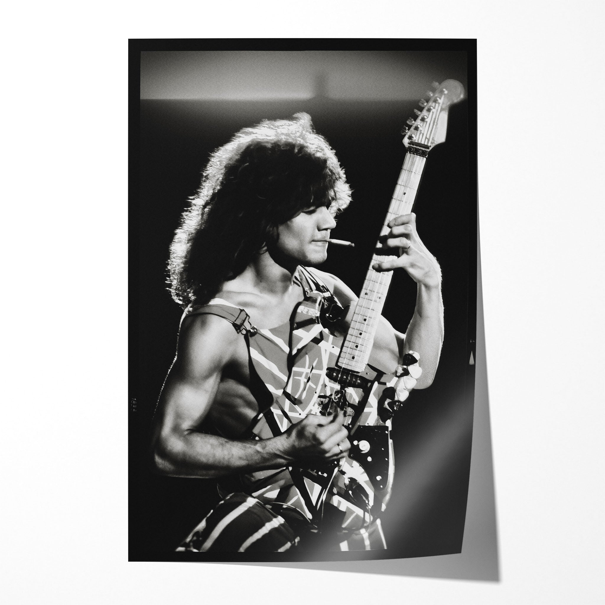 Unframed black and white Eddie Van Halen 1982 Diver Down poster print with film-era clarity and a realistic paper drop shadow.
