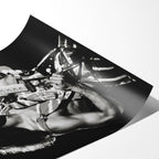 Angled close-up of the unframed premium matte black and white Eddie Van Halen 1982 concert poster print.