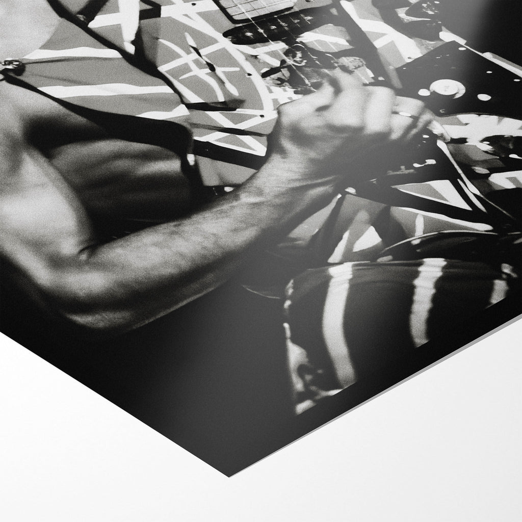 Front close-up showing the sharp detail and matte finish of the unframed Eddie Van Halen black and white art print.