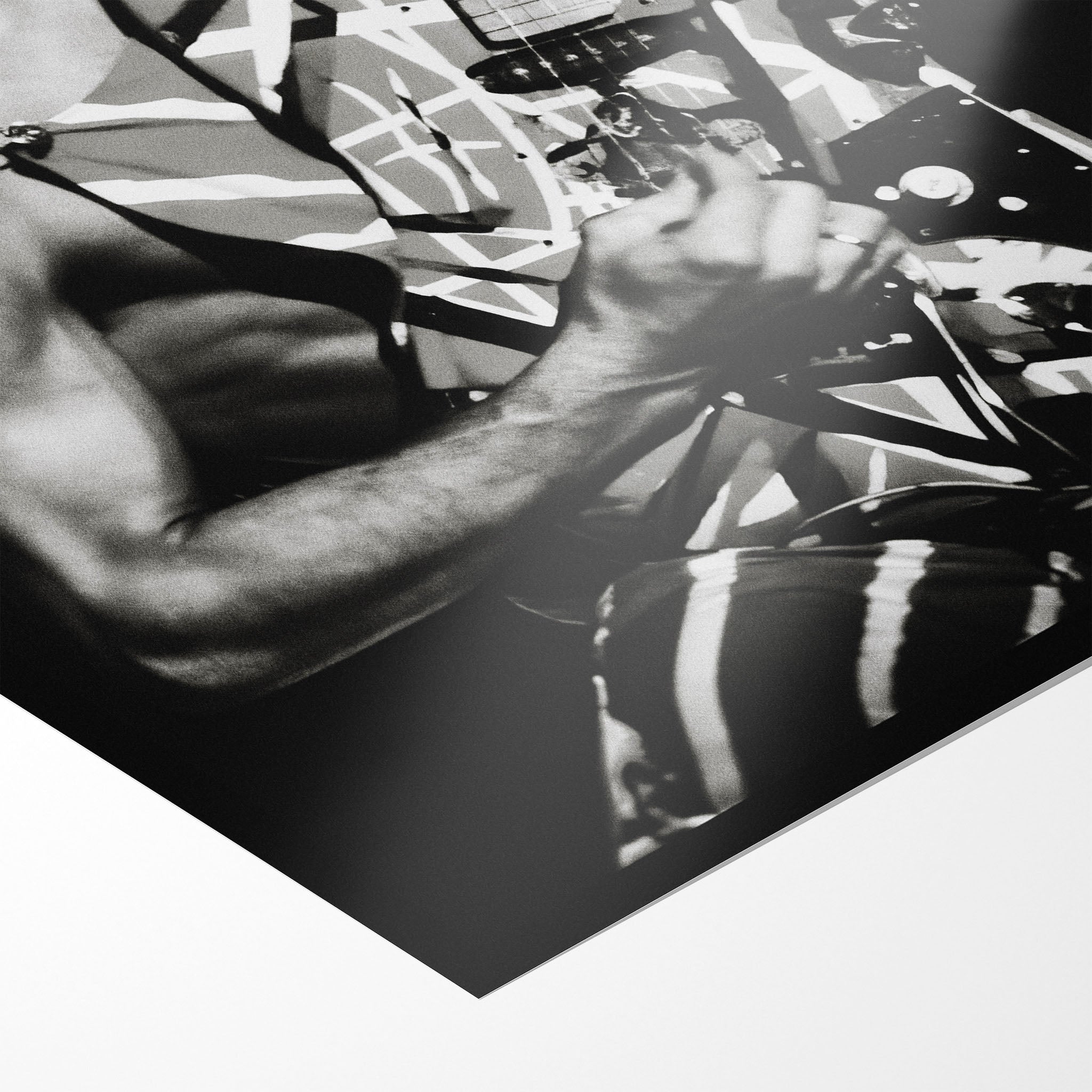 Front close-up showing the sharp detail and matte finish of the unframed Eddie Van Halen black and white art print.