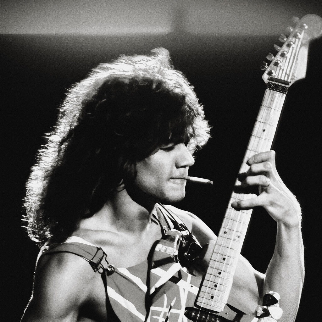 Medium zoom highlighting the rich monochrome contrast of the Eddie Van Halen 1982 Diver Down fine art print.