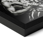 Detailed corner close-up of the premium black wooden frame holding the Eddie Van Halen black and white rock poster.