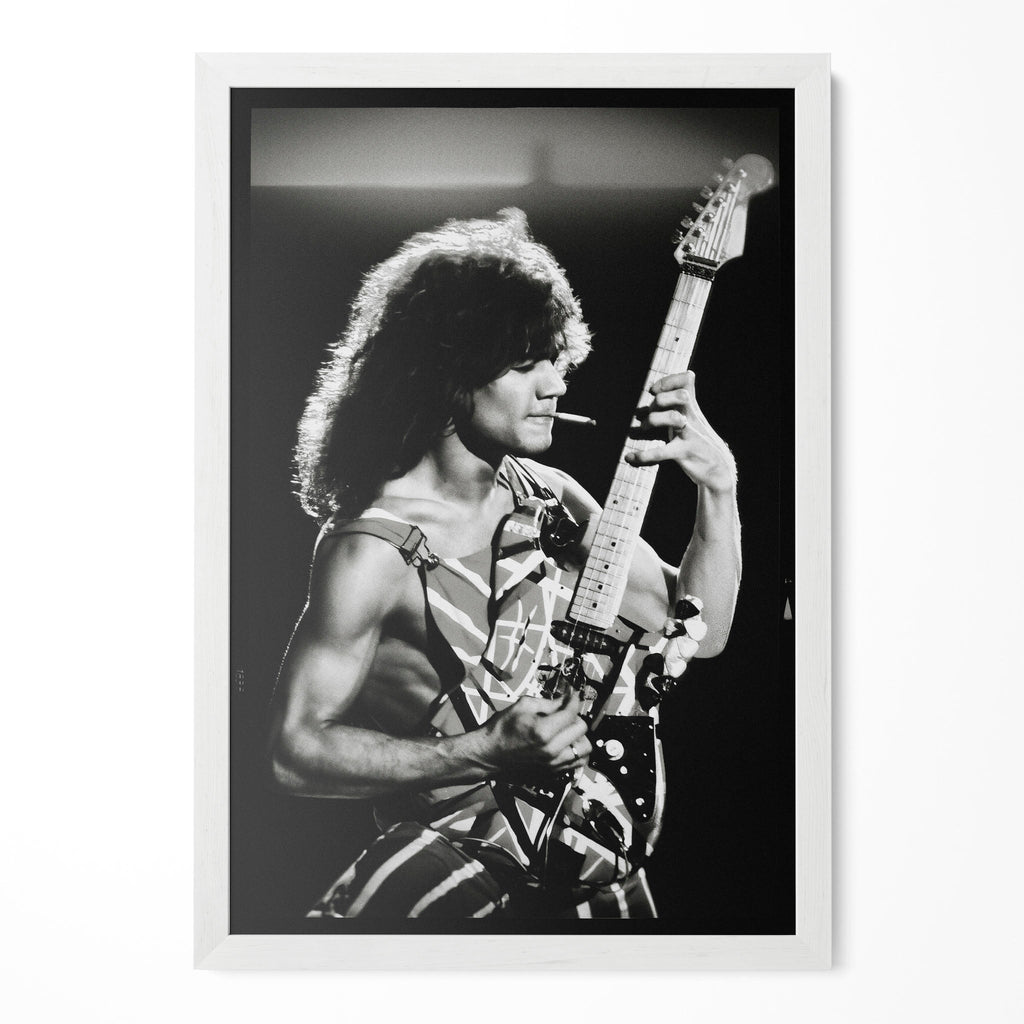 Eddie Van Halen 1982 Diver Down black and white poster in a modern minimalist white wooden frame by POSTEREVER.