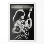 Eddie Van Halen 1982 Diver Down black and white poster in a modern minimalist white wooden frame by POSTEREVER.