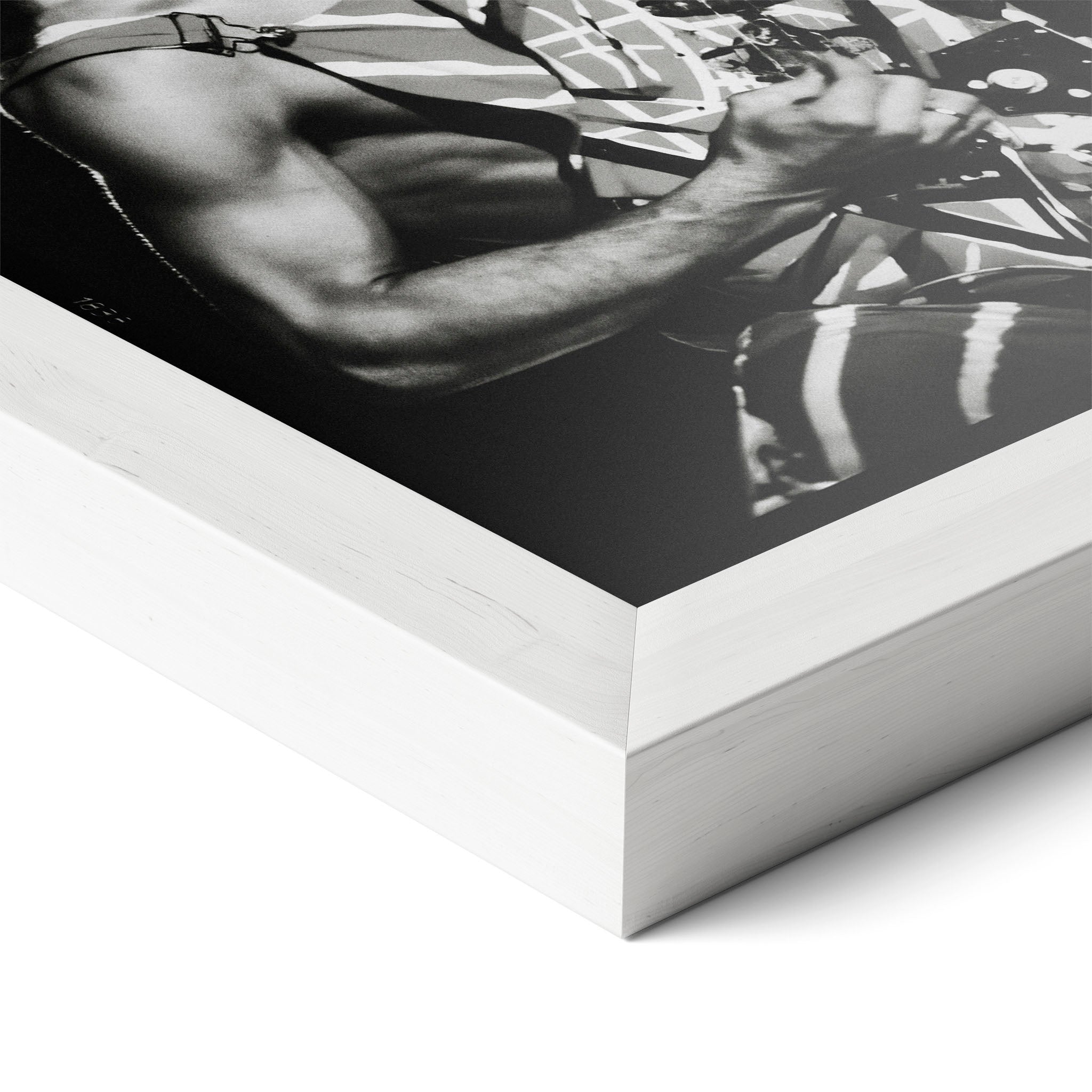 Corner close-up revealing the clean wood grain of the white framed Eddie Van Halen black and white art print.
