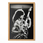 Eddie Van Halen 1982 black and white guitar poster in a premium natural oak wood frame by POSTEREVER.