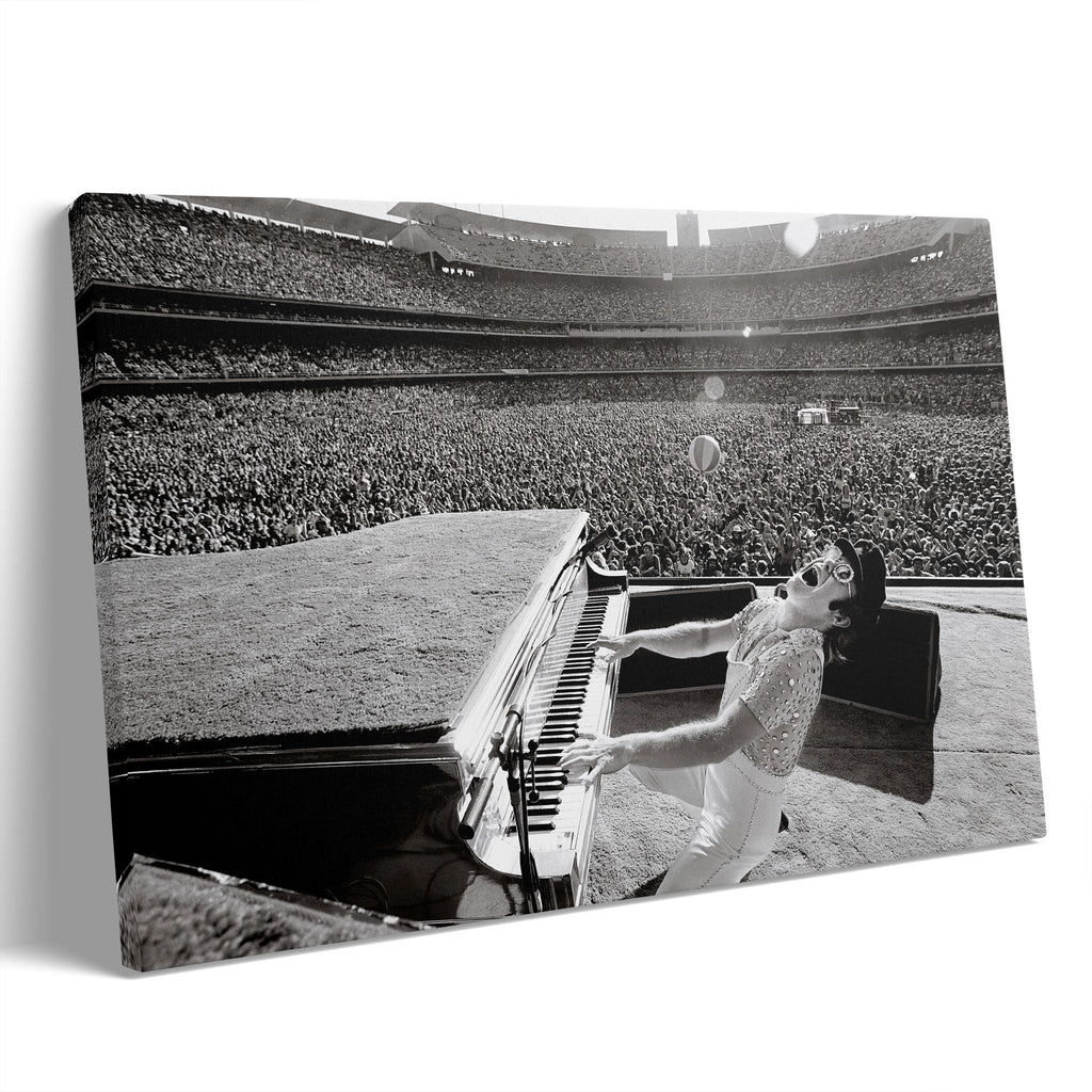 Premium gallery-wrapped black and white canvas print of Elton John live at Dodger Stadium in 1975.