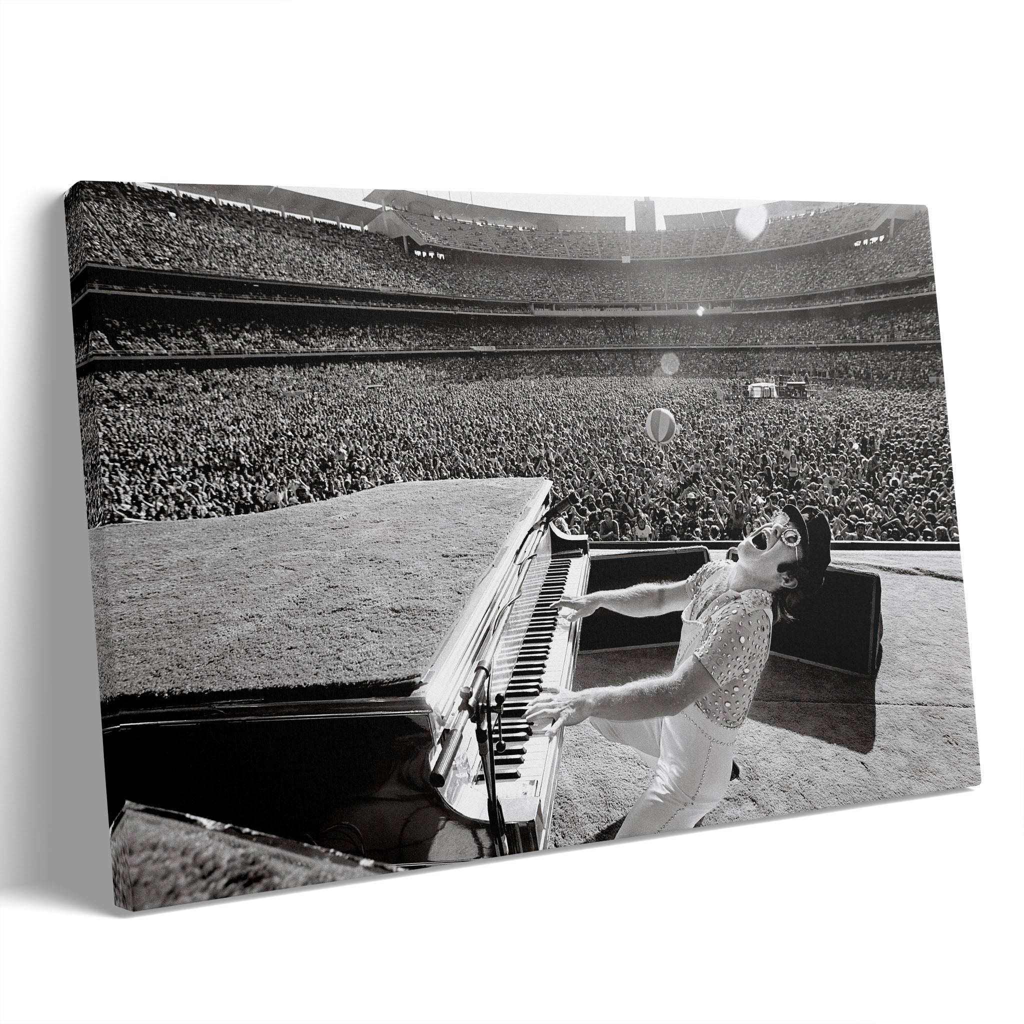 Premium gallery-wrapped black and white canvas print of Elton John live at Dodger Stadium in 1975.
