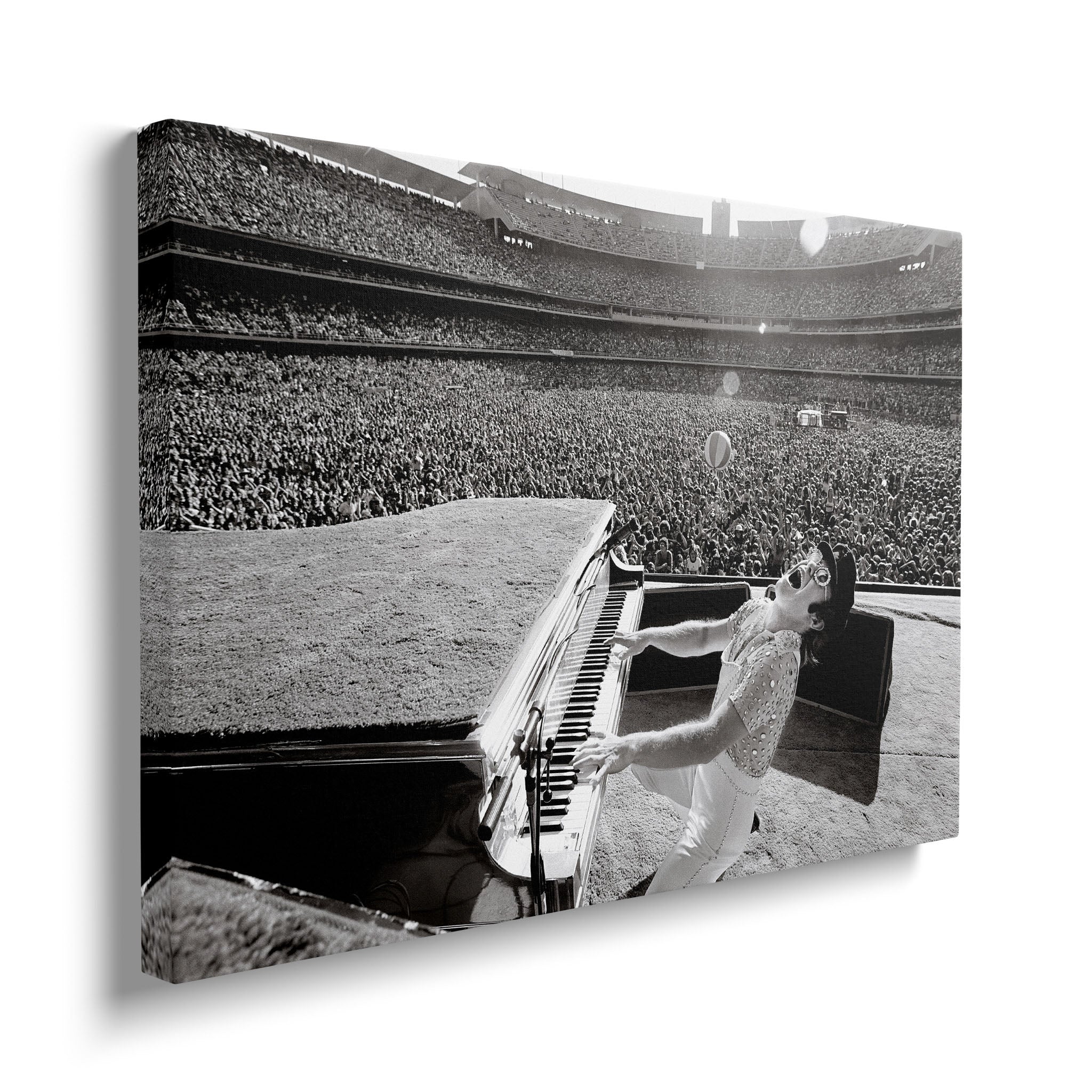 Front view of the heavy-weight black and white canvas wall art print of Elton John in 1975.