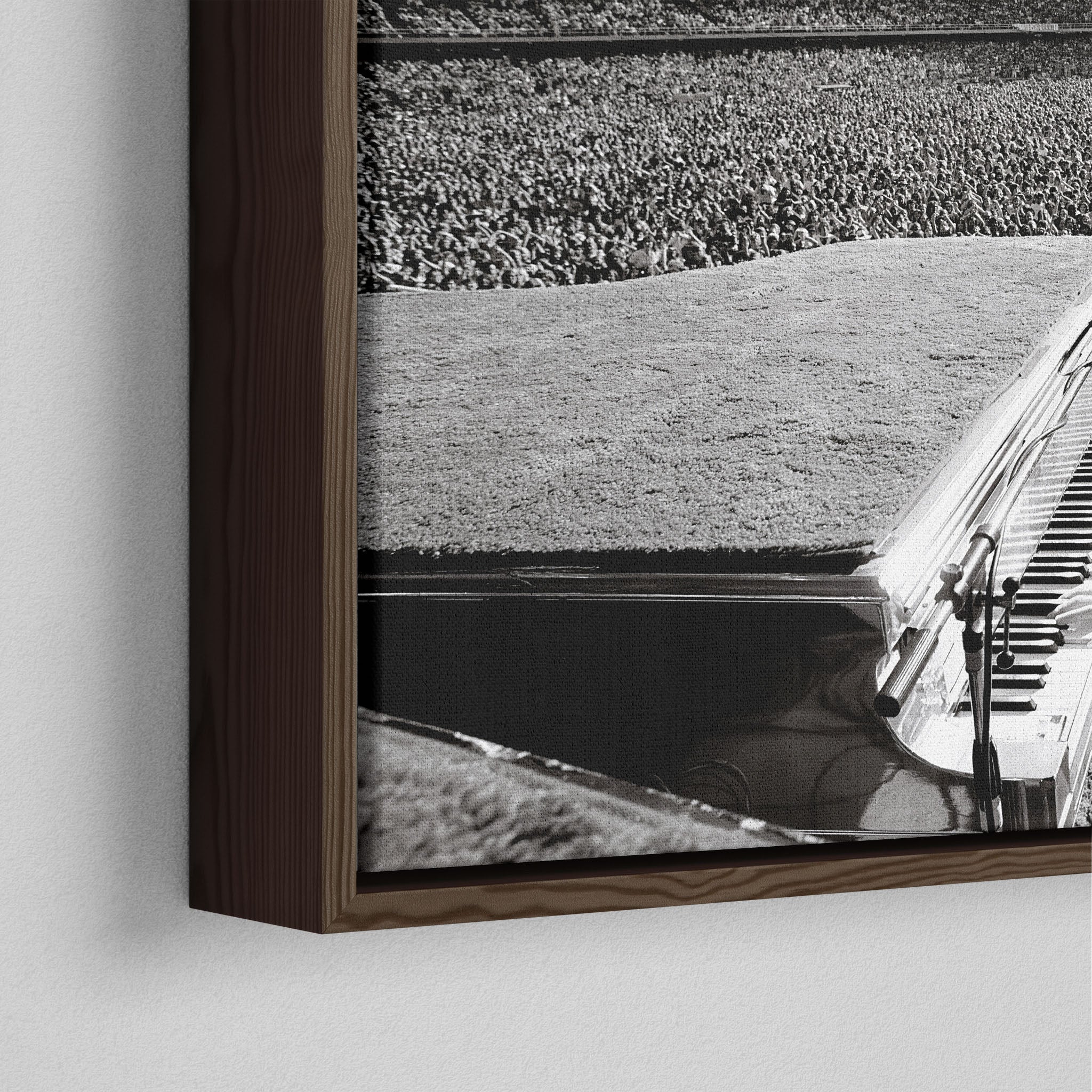 Corner close-up showing the rich grain and joinery of the dark walnut floating canvas frame.