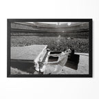 Elton John 1975 Dodger Stadium black and white concert poster in a premium classic black wooden frame by POSTEREVER.