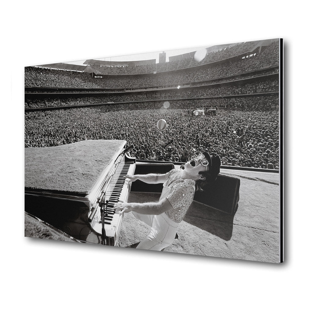 Premium black and white metal print of Elton John live at Dodger Stadium 1975 on an industrial-grade aluminum panel.