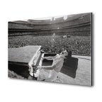 Premium black and white metal print of Elton John live at Dodger Stadium 1975 on an industrial-grade aluminum panel.
