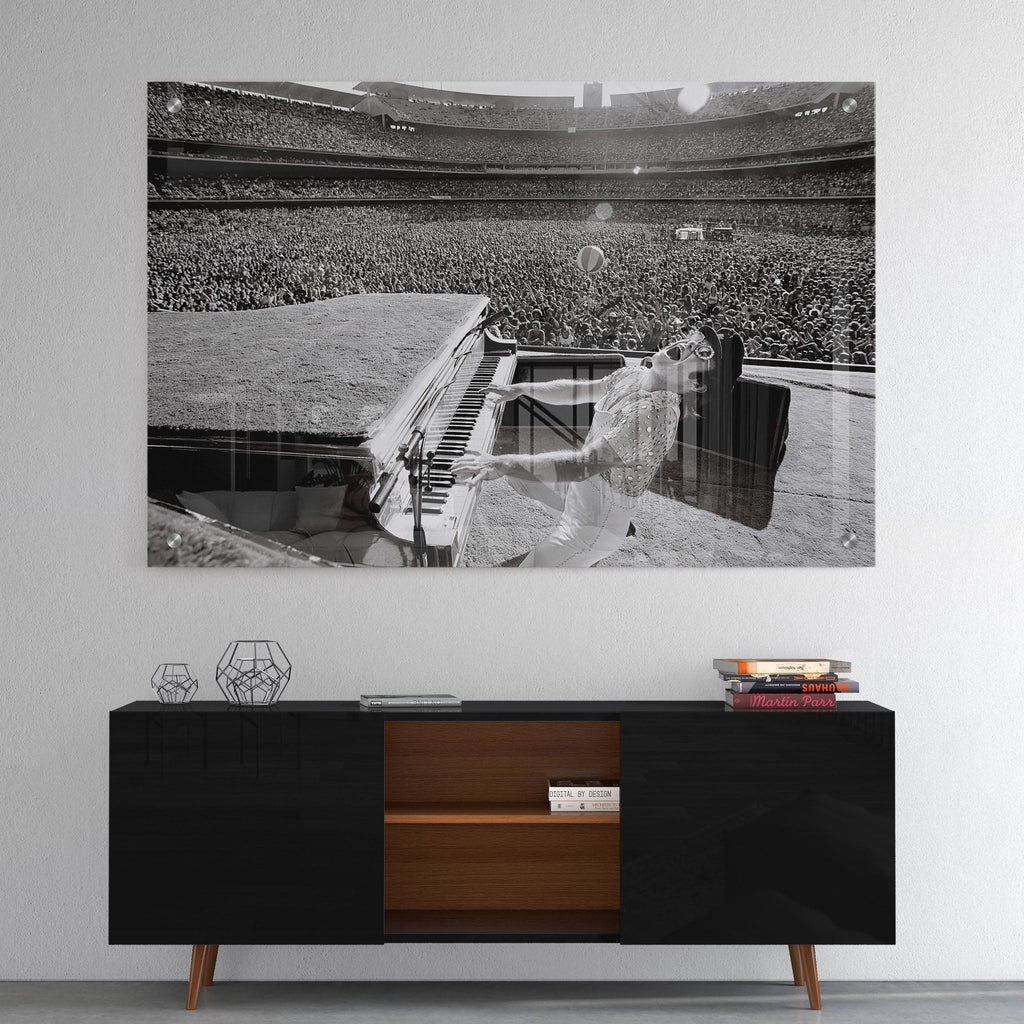 High-gloss acrylic glass black and white print of Elton John displayed above a contemporary console.