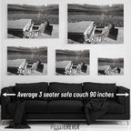 Elton John 1975 Dodger Stadium black and white wall art size comparison chart shown above an average 90-inch three-seater sofa.