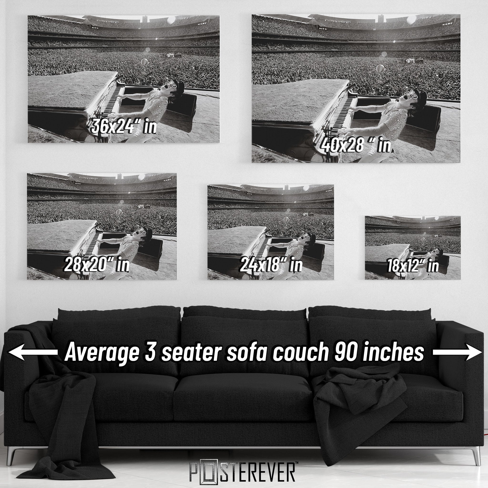 Elton John 1975 Dodger Stadium black and white wall art size comparison chart shown above an average 90-inch three-seater sofa.