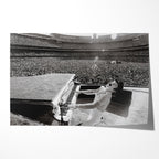 Unframed black and white Elton John 1975 Dodger Stadium First Set concert poster print in his studded jumpsuit at the piano before 100,000 fans.
