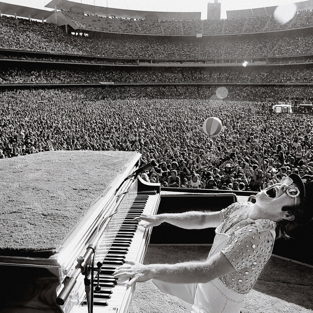 Medium zoom highlighting the rich black and white tonal range of the Elton John 1975 Dodger Stadium fine art print.