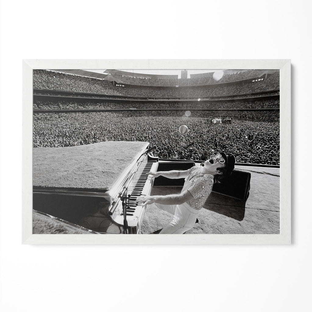 Elton John 1975 Dodger Stadium black and white poster in a modern minimalist white wooden frame by POSTEREVER.
