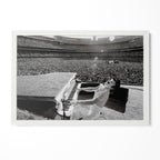 Elton John 1975 Dodger Stadium black and white poster in a modern minimalist white wooden frame by POSTEREVER.