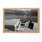 Elton John 1975 Dodger Stadium black and white poster in a premium natural oak wood frame by POSTEREVER.