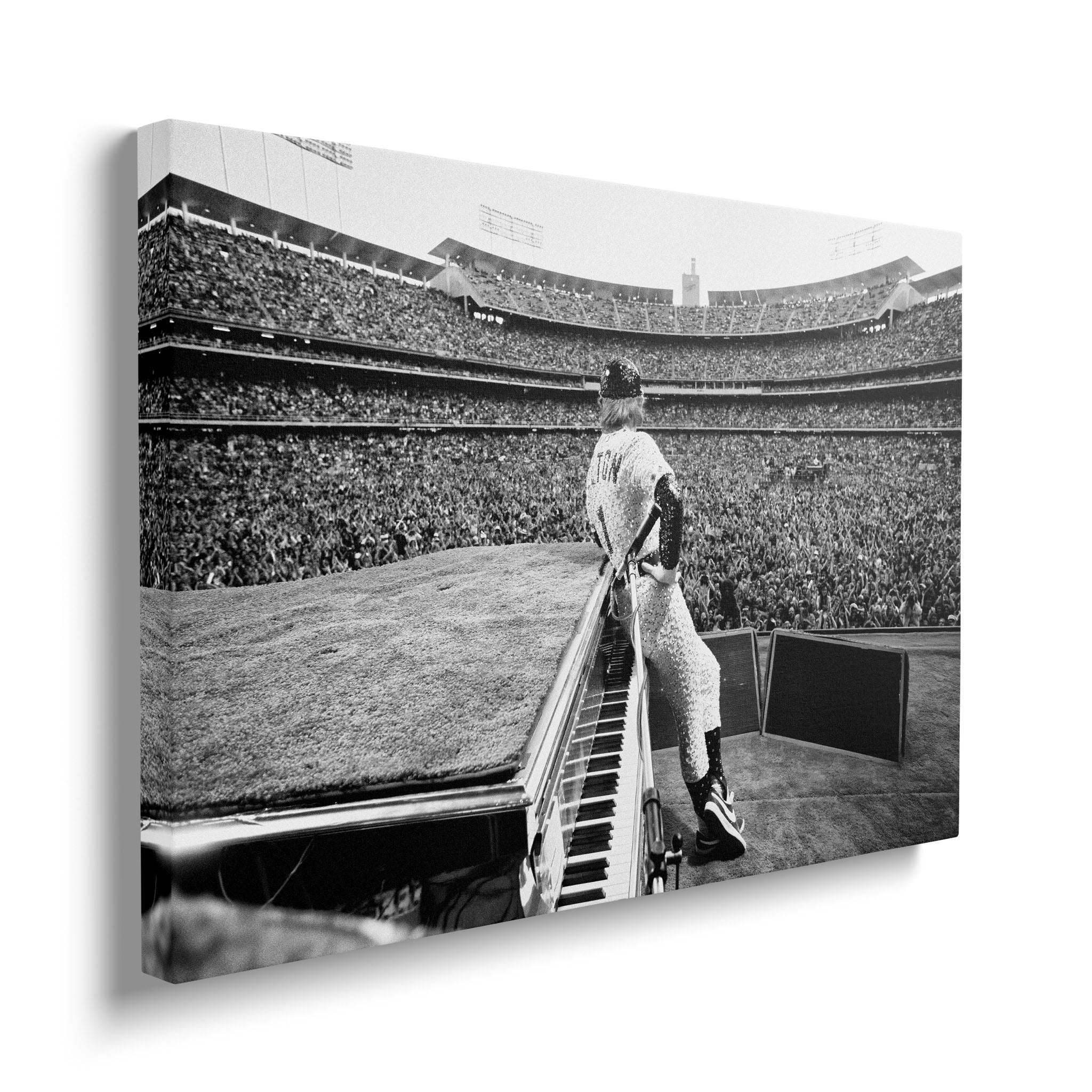 Front view of the heavy-weight black and white canvas wall art print of Elton John in 1975.