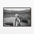 Front display of the Elton John 1975 black and white canvas in a premium dark walnut floating frame.