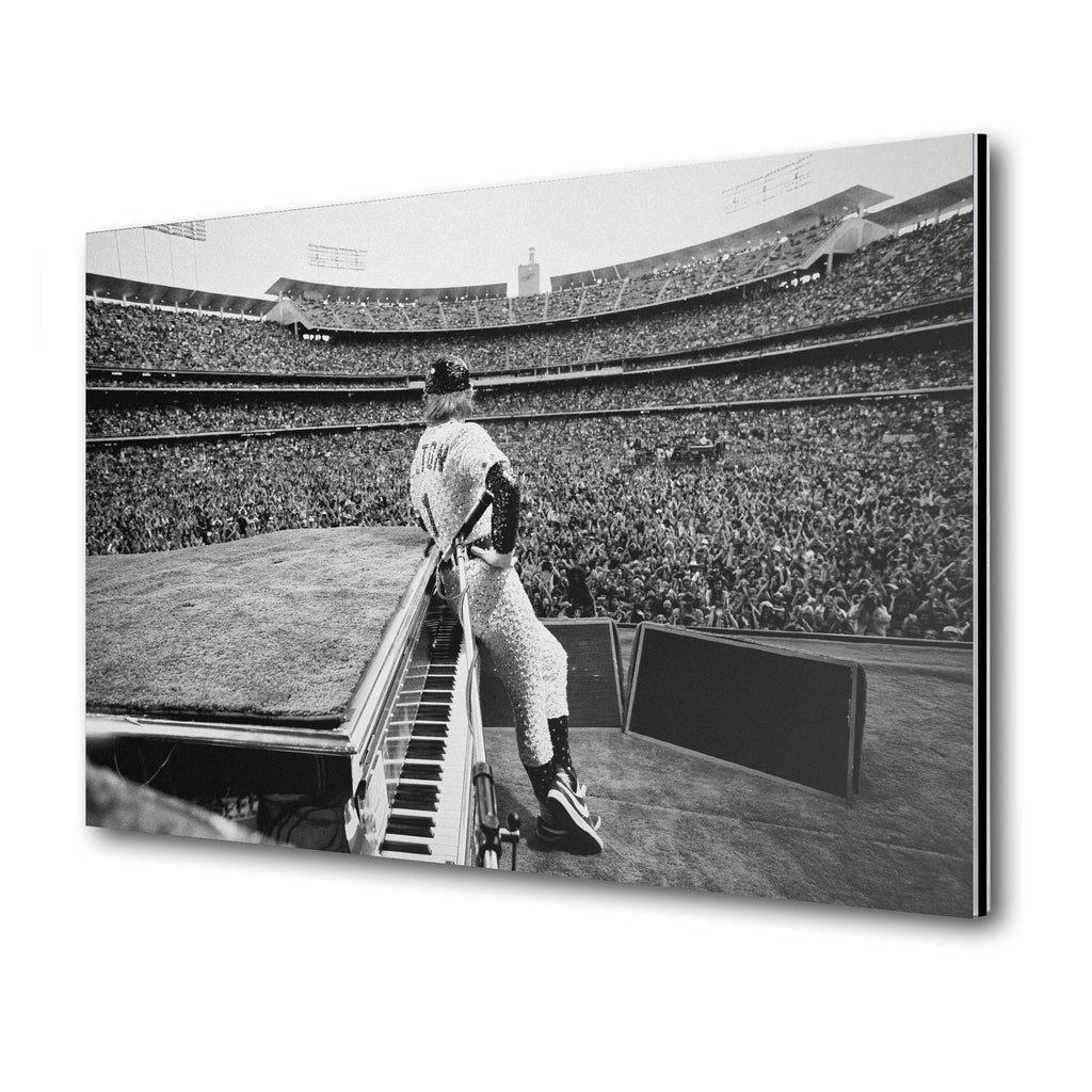 Premium black and white metal print of Elton John live at Dodger Stadium 1975 on an industrial-grade aluminum panel.