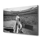 Premium black and white metal print of Elton John live at Dodger Stadium 1975 on an industrial-grade aluminum panel.