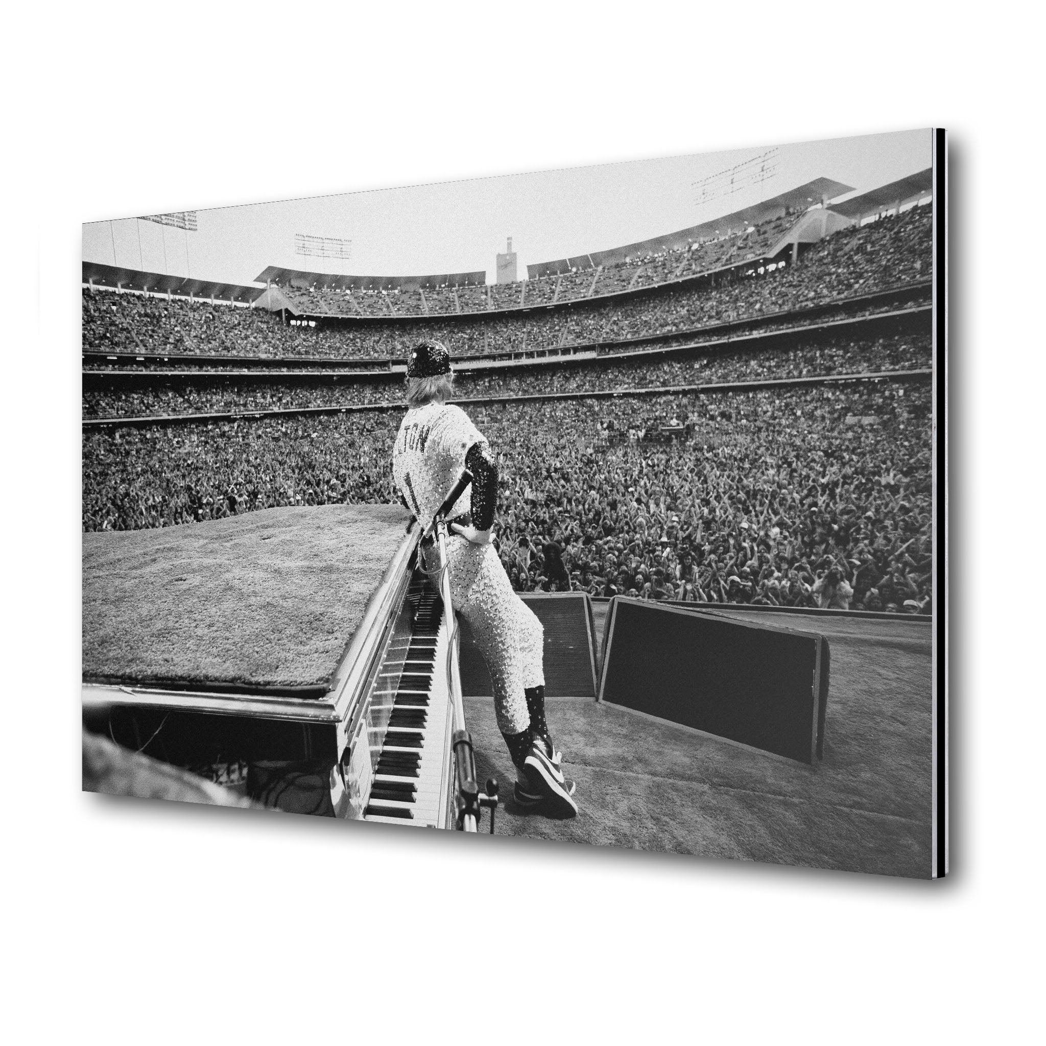 Premium black and white metal print of Elton John live at Dodger Stadium 1975 on an industrial-grade aluminum panel.