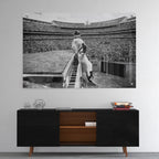 High-gloss acrylic glass black and white print of Elton John displayed above a contemporary console.
