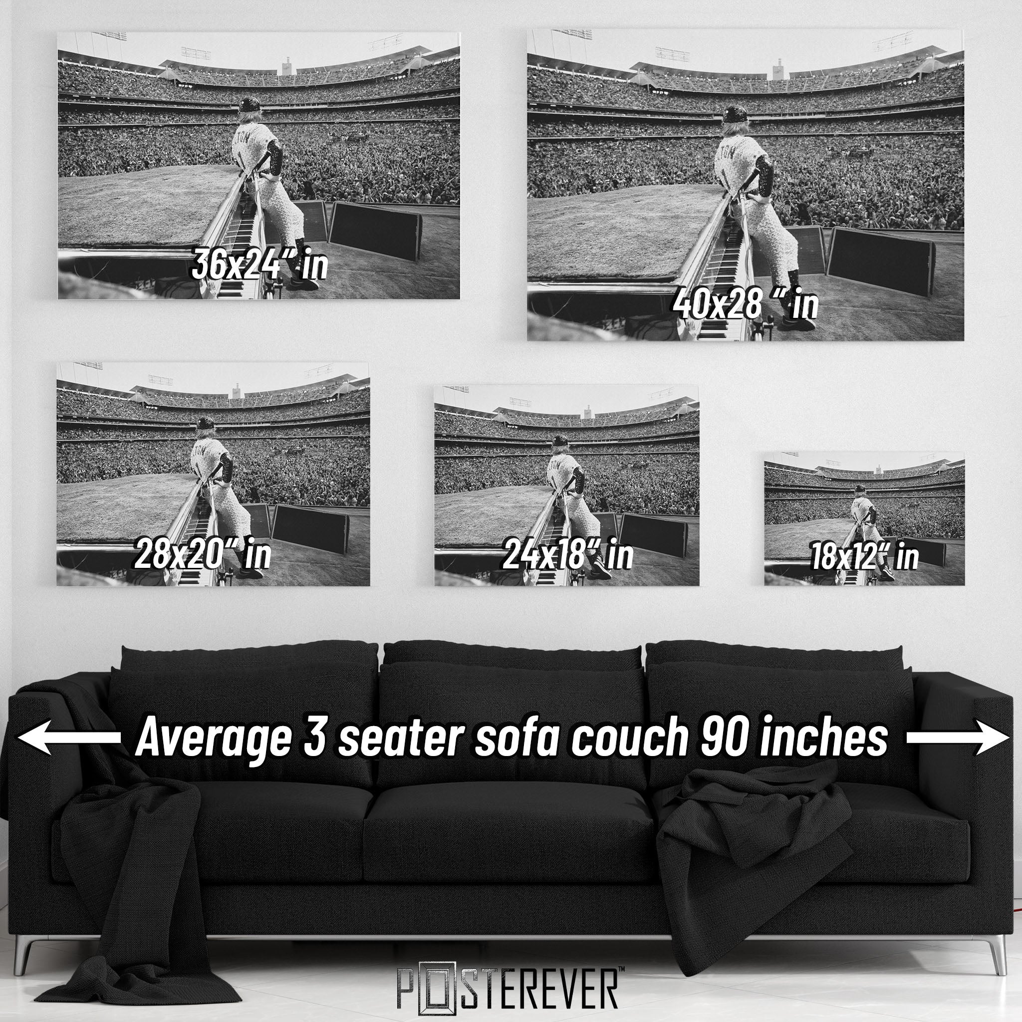 Elton John 1975 Dodger Stadium black and white wall art size comparison chart shown above an average 90-inch three-seater sofa.