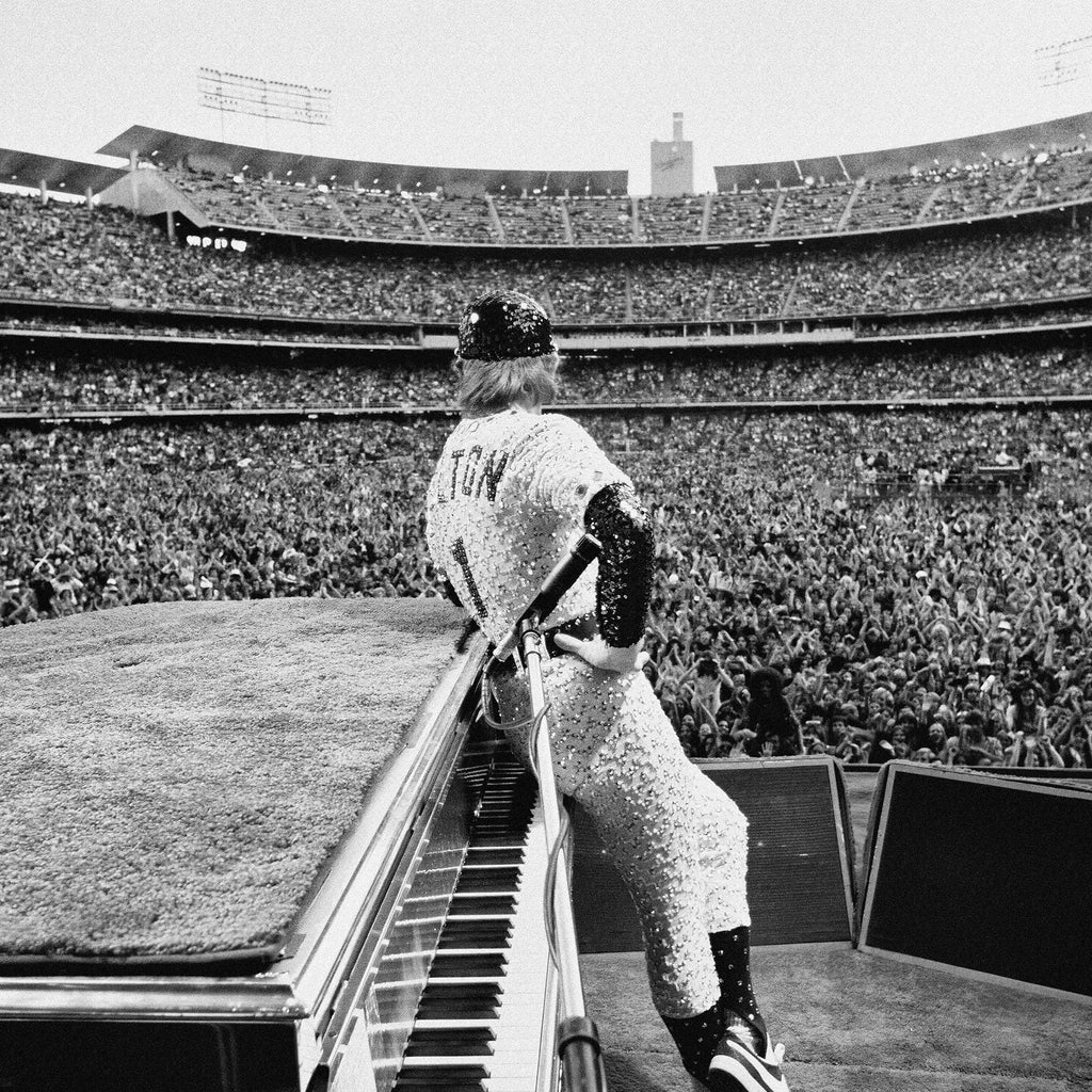 Medium zoom highlighting the rich black and white tonal range of the Elton John 1975 Dodger Stadium fine art print.