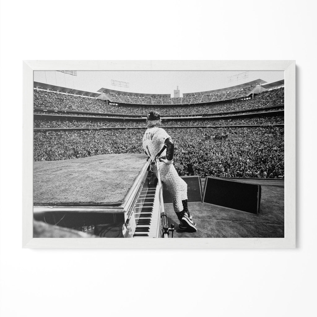 Elton John 1975 Dodger Stadium black and white poster in a modern minimalist white wooden frame by POSTEREVER.