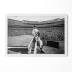 Elton John 1975 Dodger Stadium black and white poster in a modern minimalist white wooden frame by POSTEREVER.
