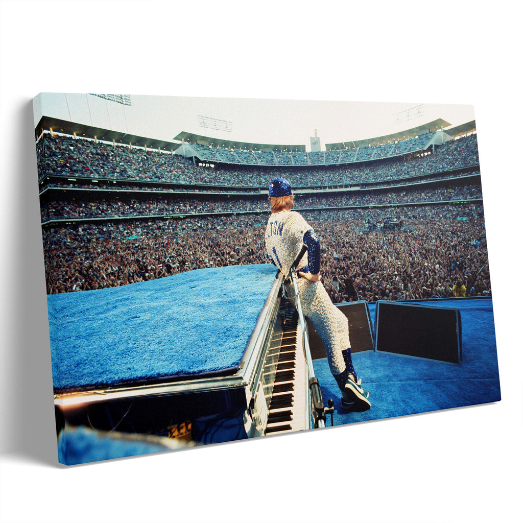 Premium gallery-wrapped colorized canvas print of Elton John live at Dodger Stadium in 1975.