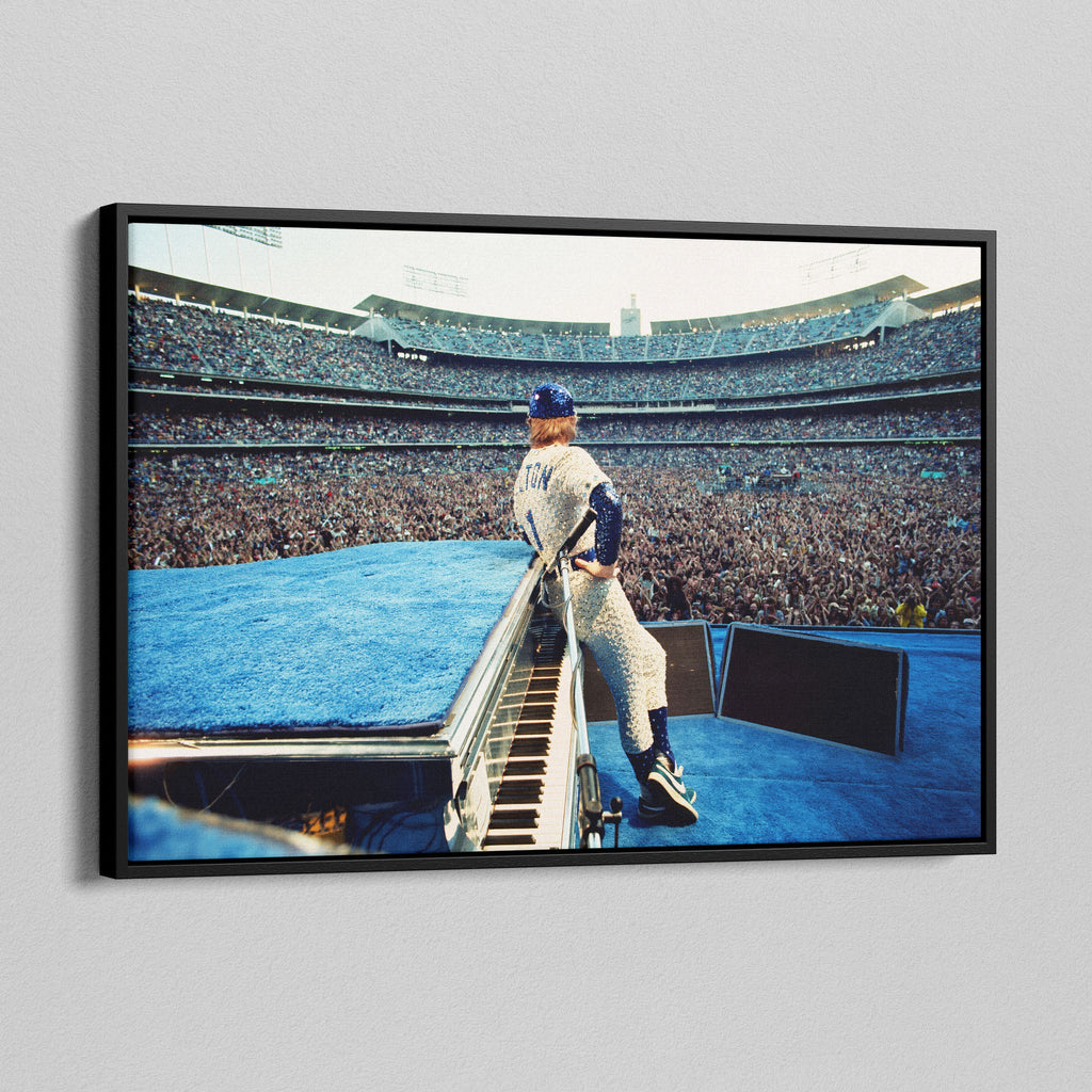 Side angle of the Elton John 1975 colorized canvas in a luxury minimalist black floating frame.