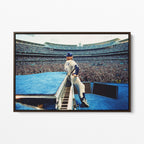 Front display of the Elton John 1975 colorized canvas in a premium dark walnut floating frame.