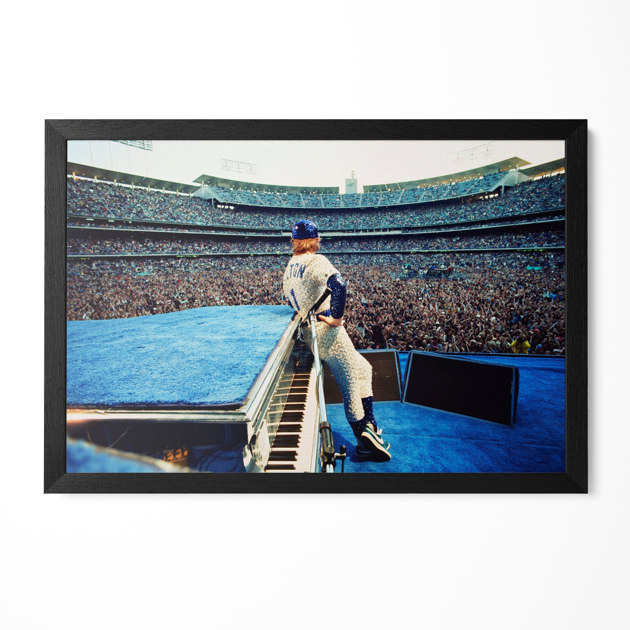 Elton John 1975 Dodger Stadium sequined baseball uniform colorized concert poster in a premium classic black wooden frame by POSTEREVER.