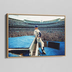Angled view of the colorized canvas in a modern natural oak wood floating frame.