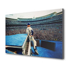 Premium colorized metal print of Elton John live at Dodger Stadium 1975 on an industrial-grade aluminum panel.